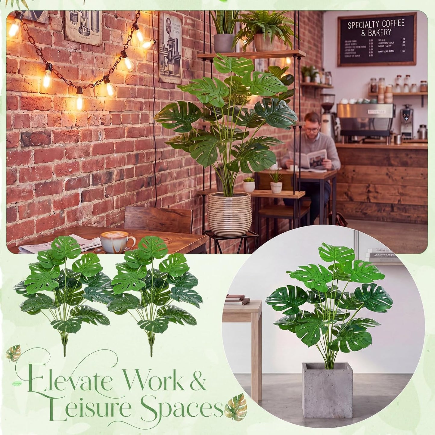10 Pack Artificial Monstera Plants Outdoor, 29.5 Inch Large Faux Tropical Leaves UV Resistant Greenery Stems Bushes for Indoor Home Office Luau Wedding Party Decor
