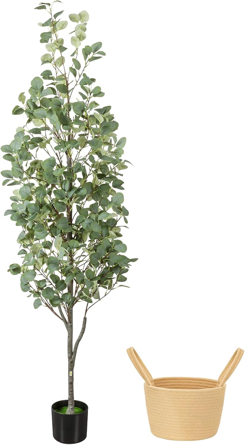 6FT Fall Artificial Eucalyptus Tree with Wicker Basket, Orange Potted Faux Eucalyptus Trees, Autumn Fake Eucalyptus Plants, Lifelike Leaves & Natural Trunk for Home Office Bedroom, Indoor