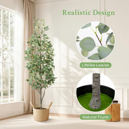 6FT Fall Artificial Eucalyptus Tree with Wicker Basket, Orange Potted Faux Eucalyptus Trees, Autumn Fake Eucalyptus Plants, Lifelike Leaves & Natural Trunk for Home Office Bedroom, Indoor
