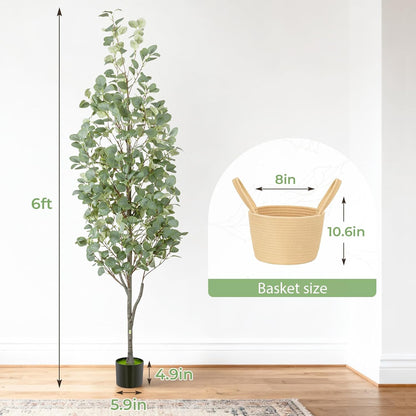 6FT Fall Artificial Eucalyptus Tree with Wicker Basket, Orange Potted Faux Eucalyptus Trees, Autumn Fake Eucalyptus Plants, Lifelike Leaves & Natural Trunk for Home Office Bedroom, Indoor