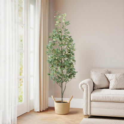6FT Fall Artificial Eucalyptus Tree with Wicker Basket, Orange Potted Faux Eucalyptus Trees, Autumn Fake Eucalyptus Plants, Lifelike Leaves & Natural Trunk for Home Office Bedroom, Indoor