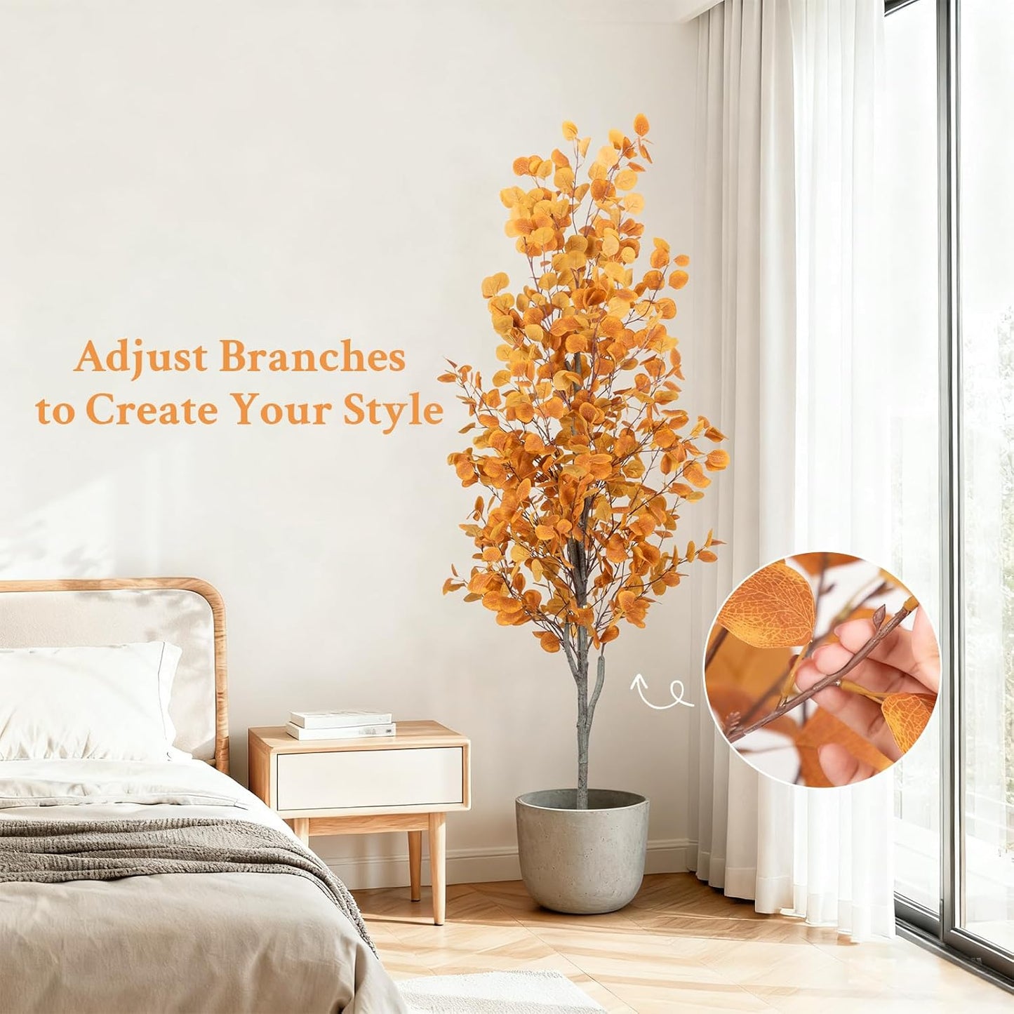 6FT Fall Artificial Eucalyptus Tree with Wicker Basket, Orange Potted Faux Eucalyptus Trees, Autumn Fake Eucalyptus Plants, Lifelike Leaves & Natural Trunk for Home Office Bedroom, Indoor
