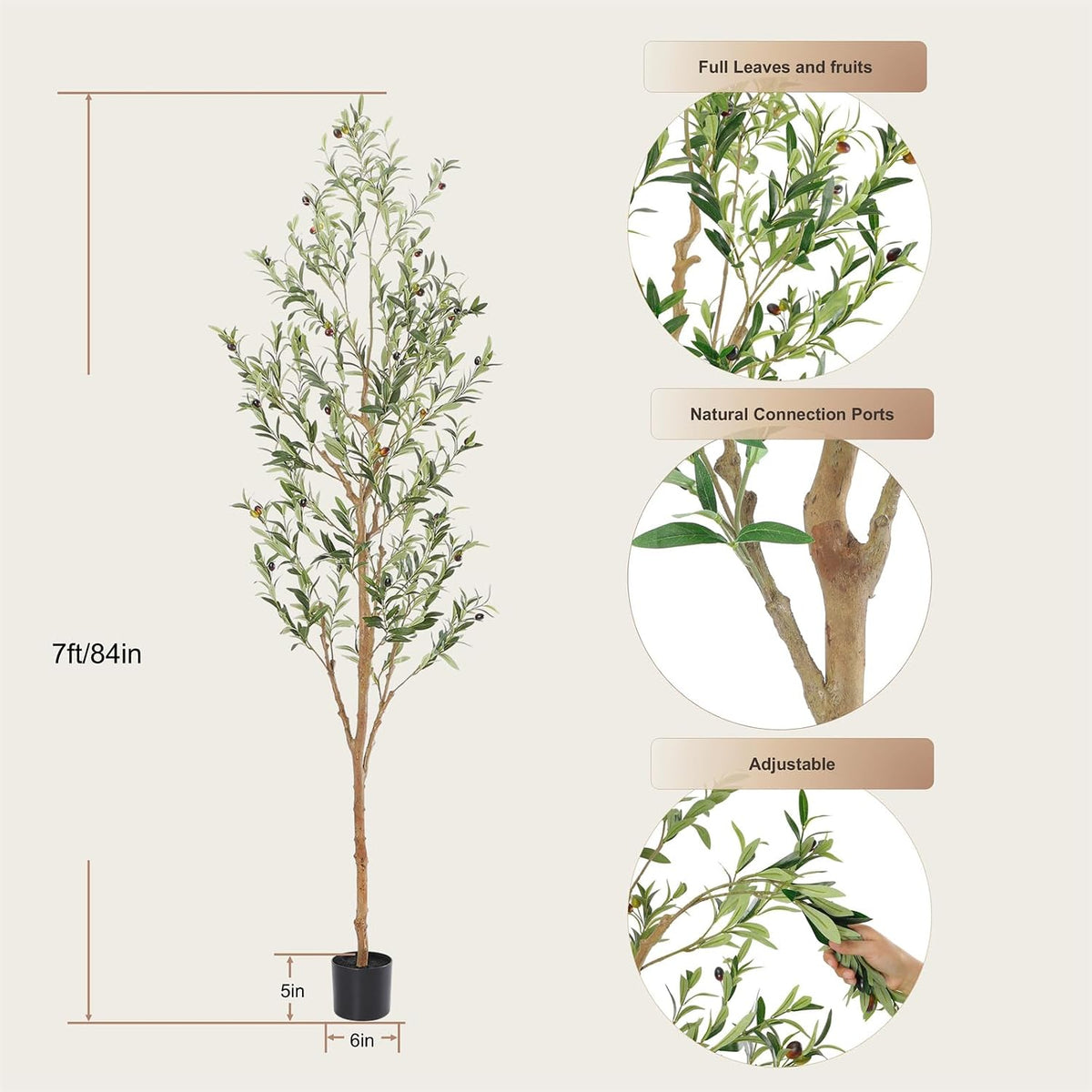 Faux Olive Tree with Natural Wood Trunk, 7ft, 1Pack