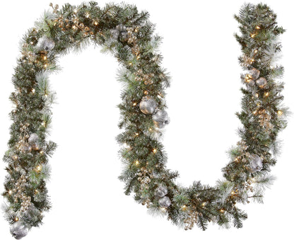 Pre-Lit Artificial Christmas Garland, Green, Pomegranate Pine, White Lights, Decorated With Ball Ornaments, Berry Clusters, Plug In, Christmas Collection, 9 Feet