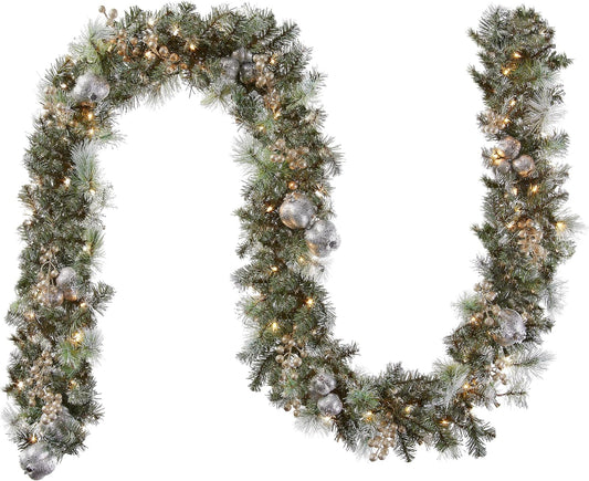 Pre-Lit Artificial Christmas Garland, Green, Pomegranate Pine, White Lights, Decorated With Ball Ornaments, Berry Clusters, Plug In, Christmas Collection, 9 Feet