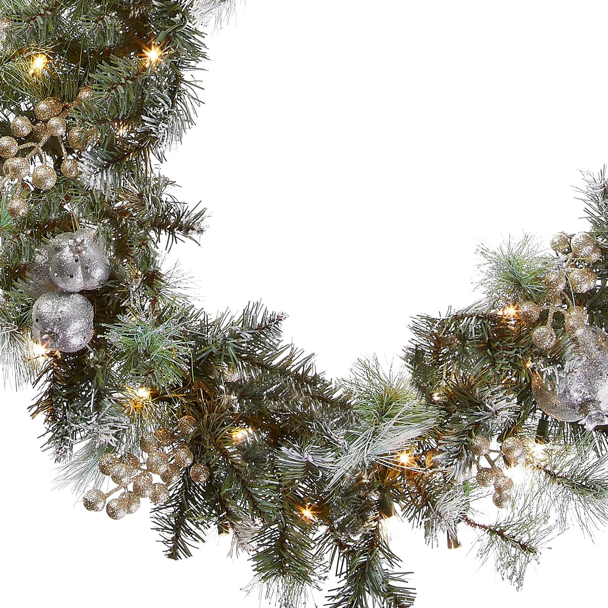 Pre-Lit Artificial Christmas Garland, Green, Pomegranate Pine, White Lights, Decorated With Ball Ornaments, Berry Clusters, Plug In, Christmas Collection, 9 Feet