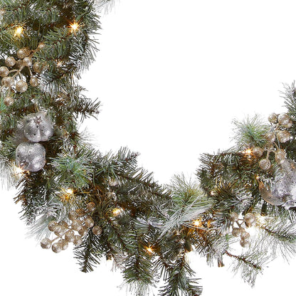 Pre-Lit Artificial Christmas Garland, Green, Pomegranate Pine, White Lights, Decorated With Ball Ornaments, Berry Clusters, Plug In, Christmas Collection, 9 Feet