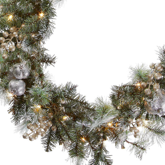 Pre-Lit Artificial Christmas Garland, Green, Pomegranate Pine, White Lights, Decorated With Ball Ornaments, Berry Clusters, Plug In, Christmas Collection, 9 Feet