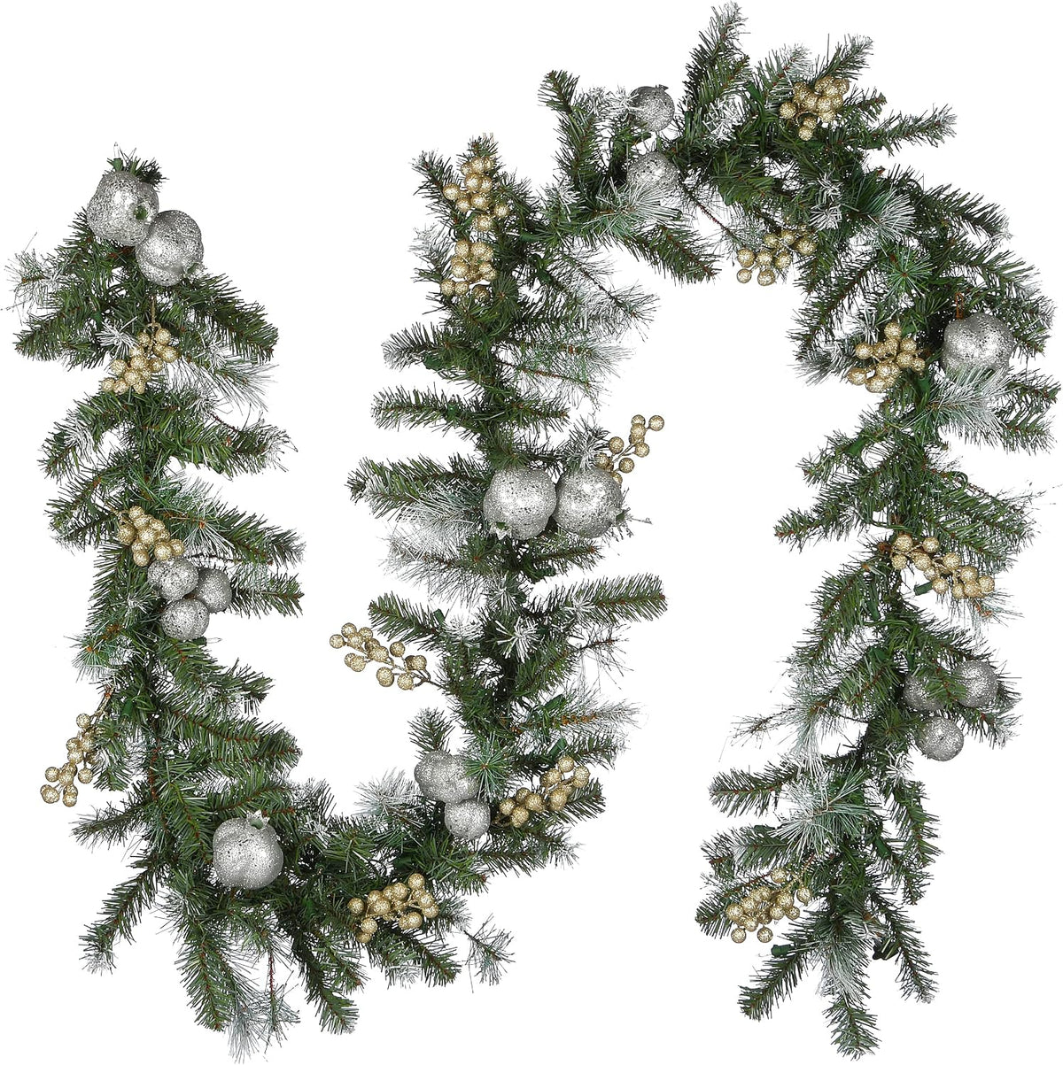 Pre-Lit Artificial Christmas Garland, Green, Pomegranate Pine, White Lights, Decorated With Ball Ornaments, Berry Clusters, Plug In, Christmas Collection, 9 Feet