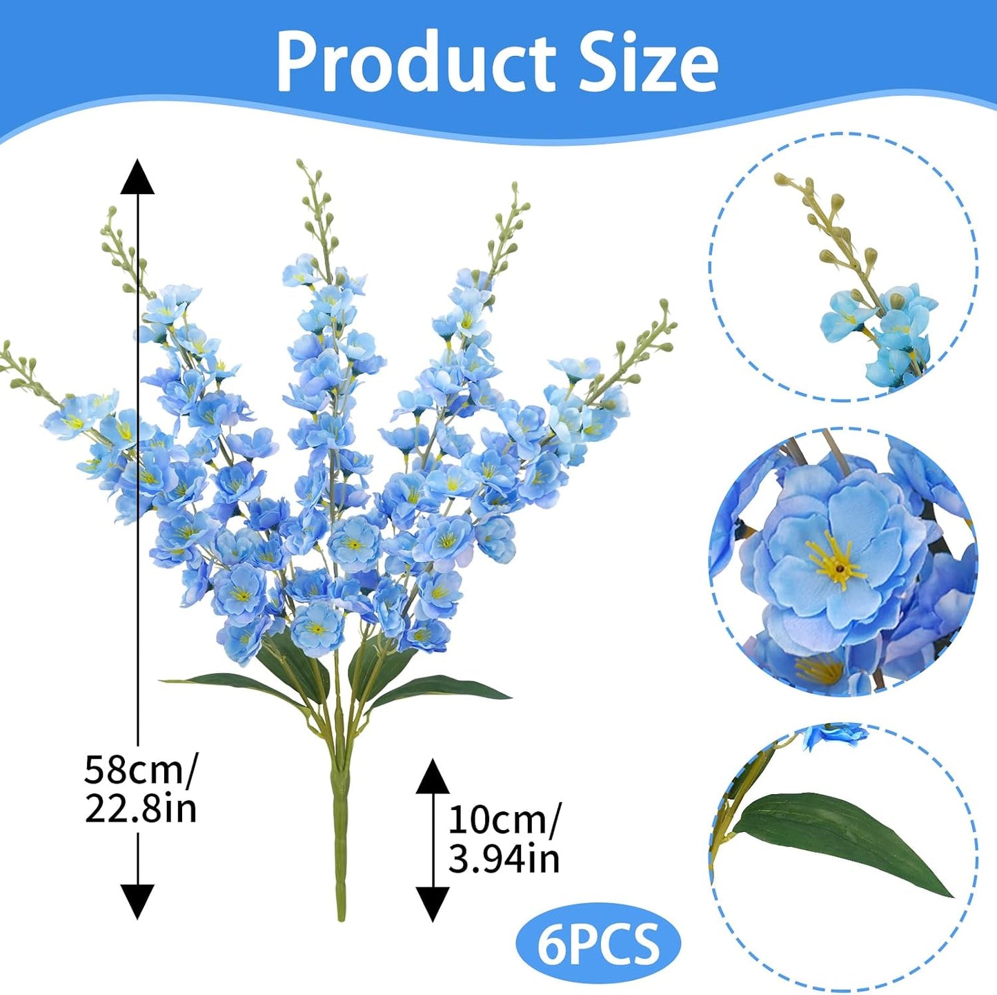 30 Branches Delphinium Artificial Flowers 22.8” Blue Tall Artificial Silk Flowers Bulk for Vase Faux Larkspur Flowers for Wedding Party Table Centerpieces Garden Outdoors Floral Arrangement 6PCS