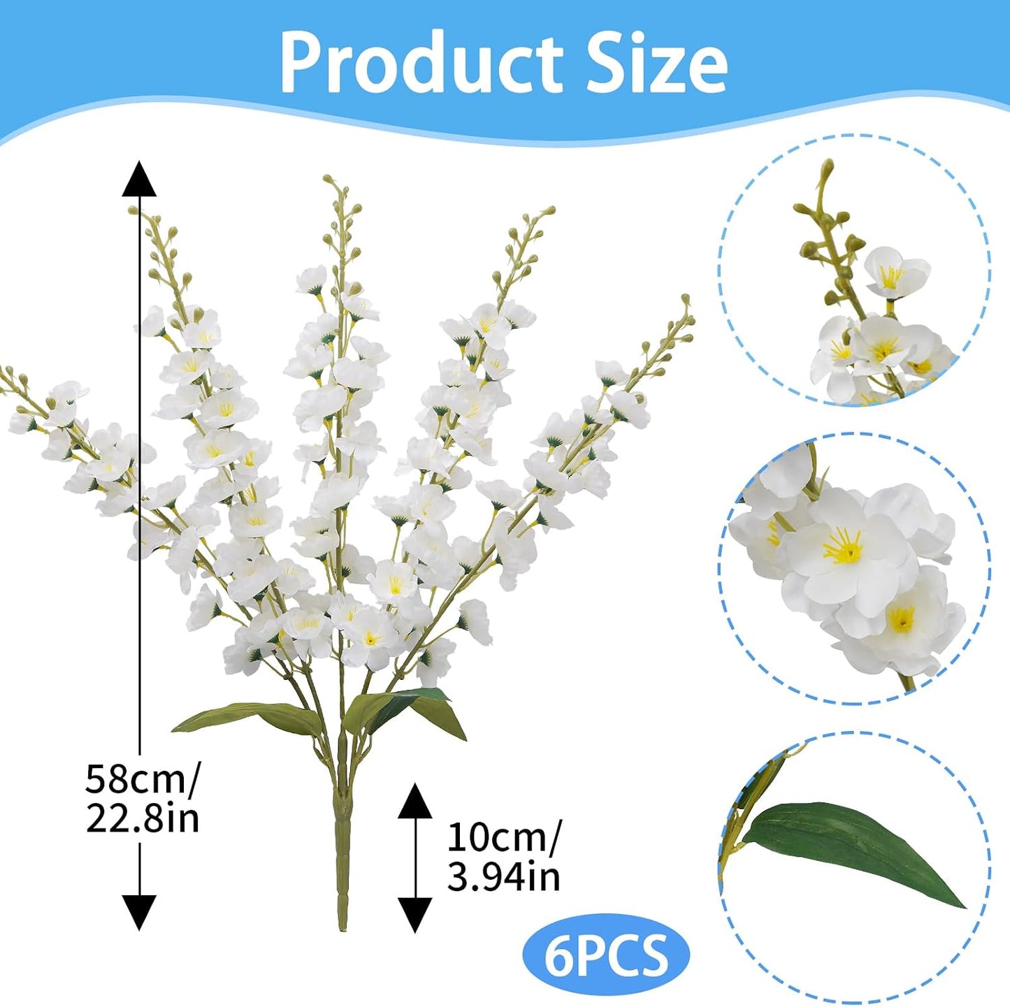 30 Branches Delphinium Artificial Flowers 22.8” Blue Tall Artificial Silk Flowers Bulk for Vase Faux Larkspur Flowers for Wedding Party Table Centerpieces Garden Outdoors Floral Arrangement 6PCS