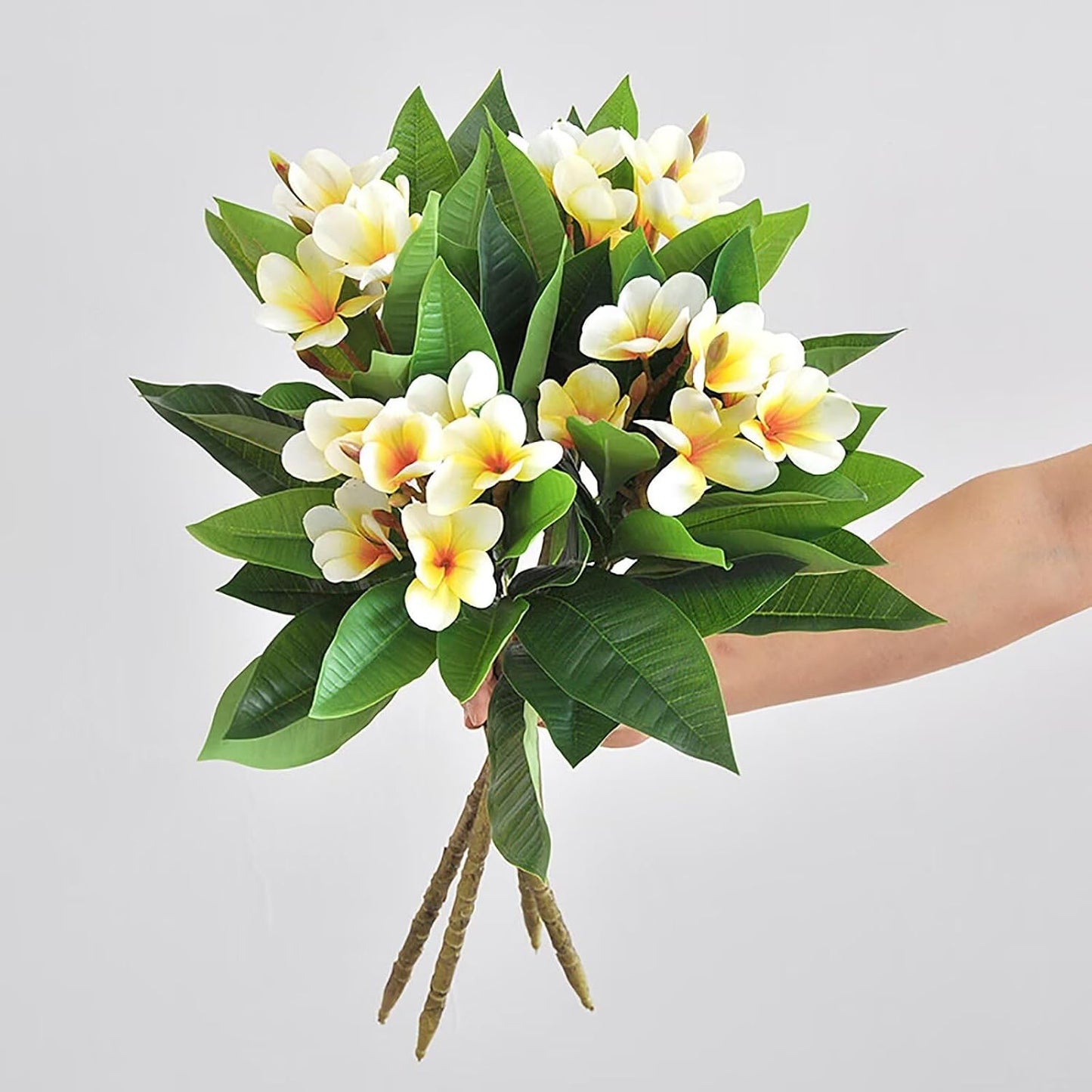 4Pcs Artificial Frangipani Flower Yellow Fake Plumeria Flowers with Leaves Real Touch Lifelike Plumeria with Stems Faux Frangipani Flower Bouquets for Home Office Wedding Decoration
