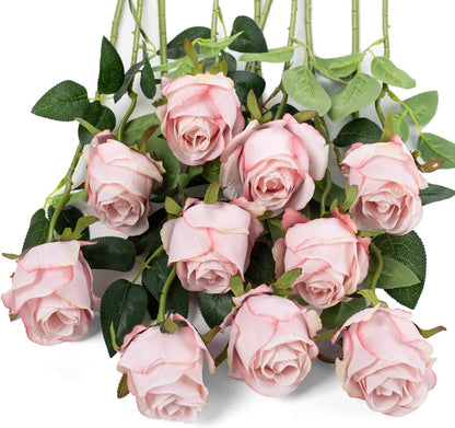 10pcs Artificial Rose Flowers Long Stem Fake Silk Roses for DIY Wedding Bouquet Table Centerpiece Home Decor (Light Pink)