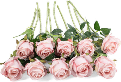 10pcs Artificial Rose Flowers Long Stem Fake Silk Roses for DIY Wedding Bouquet Table Centerpiece Home Decor (Light Pink)