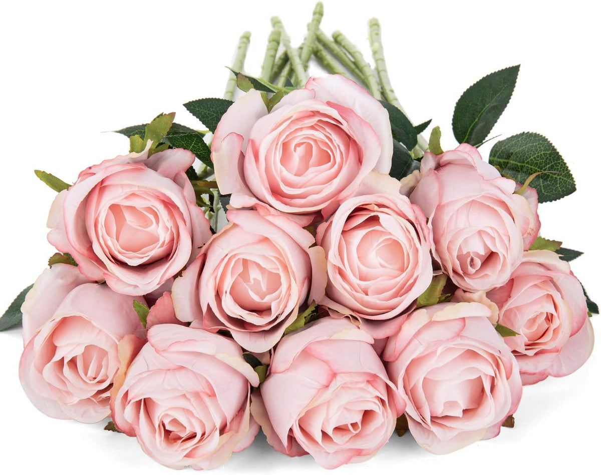 10pcs Artificial Rose Flowers Long Stem Fake Silk Roses for DIY Wedding Bouquet Table Centerpiece Home Decor (Light Pink)