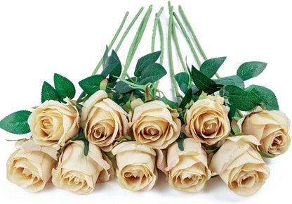 10pcs Artificial Rose Flowers Long Stem Fake Silk Roses for DIY Wedding Bouquet Table Centerpiece Home Decor (Light Pink)