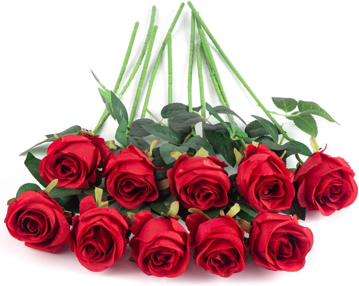 10pcs Artificial Rose Flowers Long Stem Fake Silk Roses for DIY Wedding Bouquet Table Centerpiece Home Decor (Light Pink)