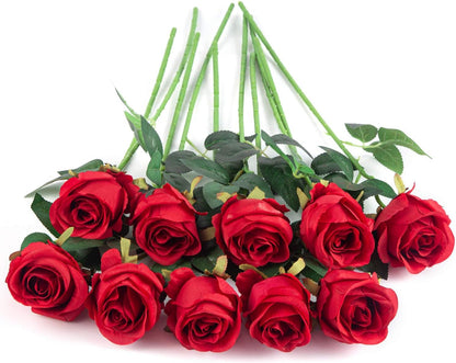10pcs Artificial Rose Flowers Long Stem Fake Silk Roses for DIY Wedding Bouquet Table Centerpiece Home Decor (Light Pink)