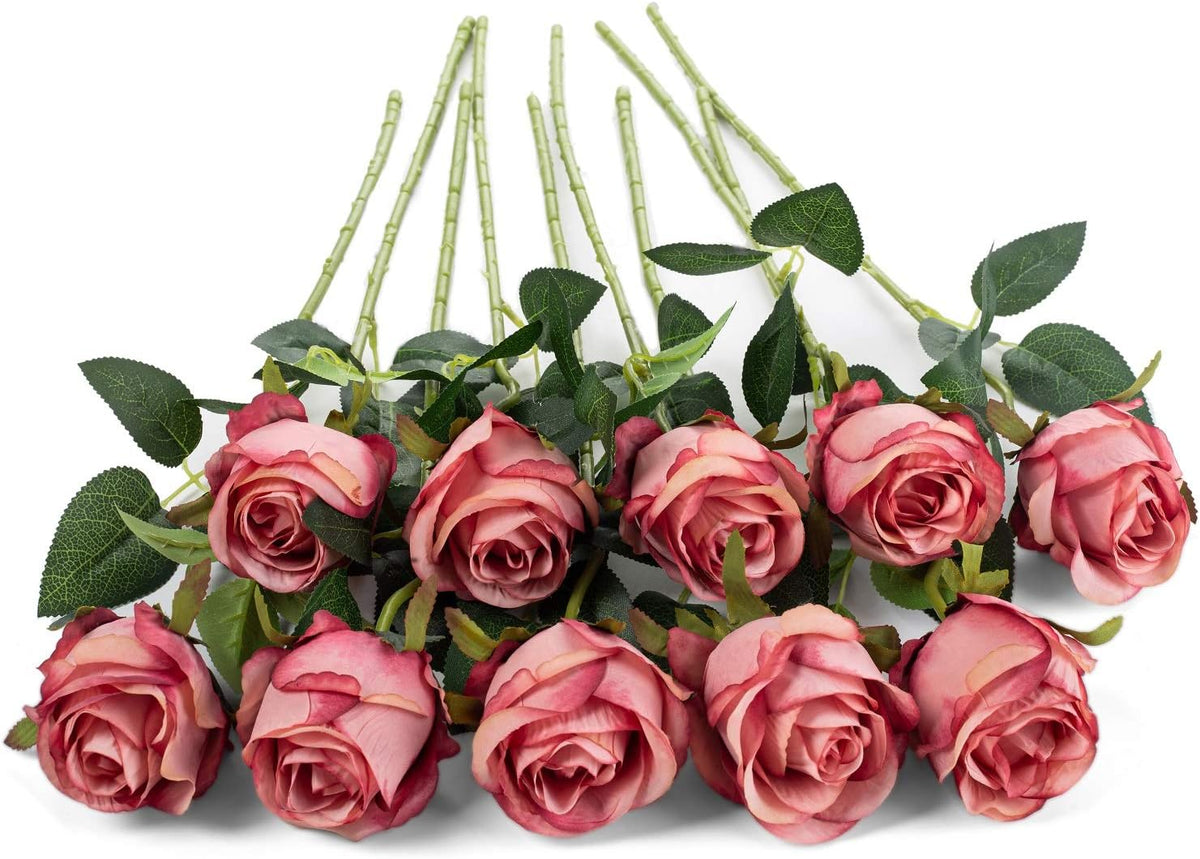 10pcs Artificial Rose Flowers Long Stem Fake Silk Roses for DIY Wedding Bouquet Table Centerpiece Home Decor (Light Pink)
