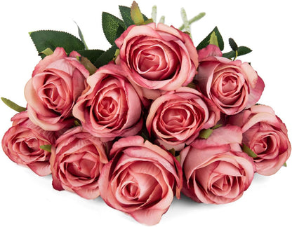 10pcs Artificial Rose Flowers Long Stem Fake Silk Roses for DIY Wedding Bouquet Table Centerpiece Home Decor (Light Pink)