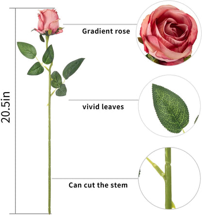 10pcs Artificial Rose Flowers Long Stem Fake Silk Roses for DIY Wedding Bouquet Table Centerpiece Home Decor (Light Pink)