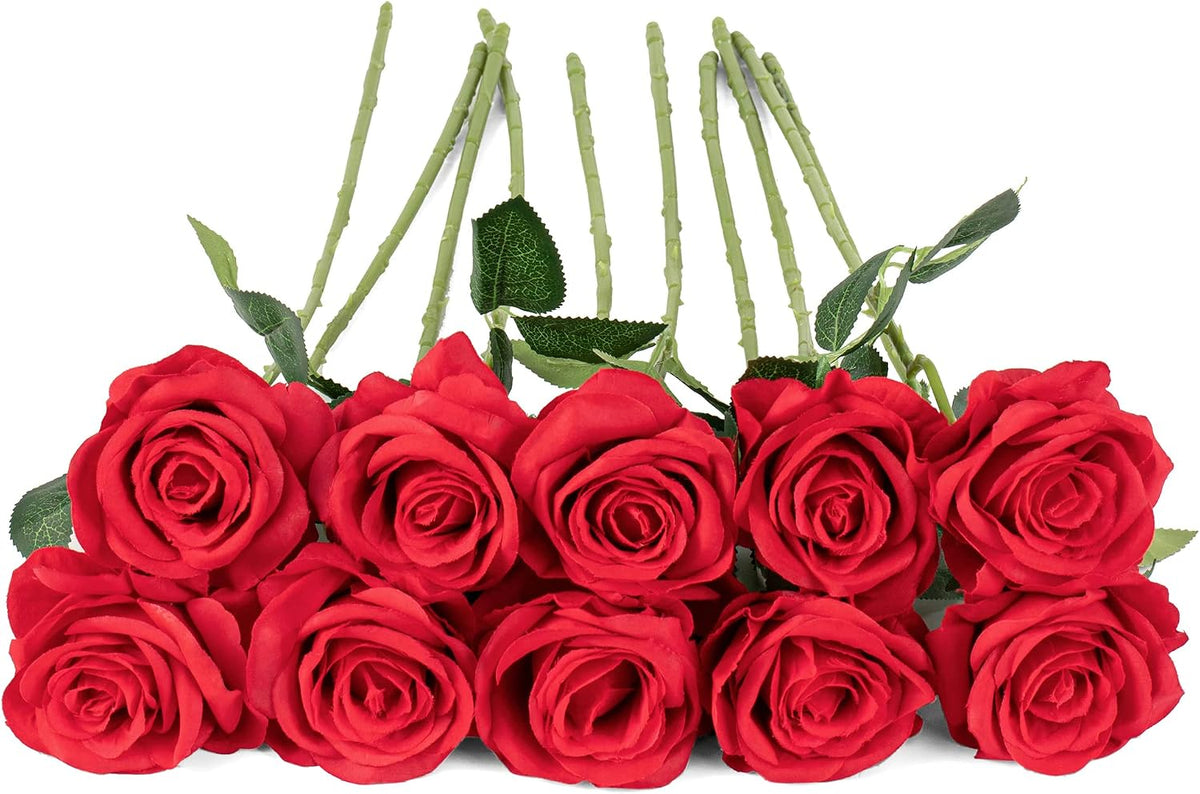 10pcs Artificial Rose Flowers Long Stem Fake Silk Roses for DIY Wedding Bouquet Table Centerpiece Home Decor (Light Pink)