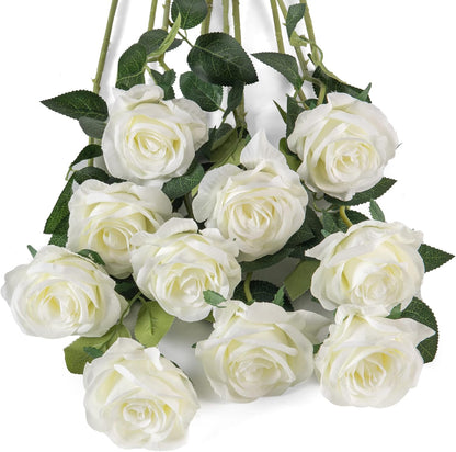 10pcs Artificial Rose Flowers Long Stem Fake Silk Roses for DIY Wedding Bouquet Table Centerpiece Home Decor (Light Pink)