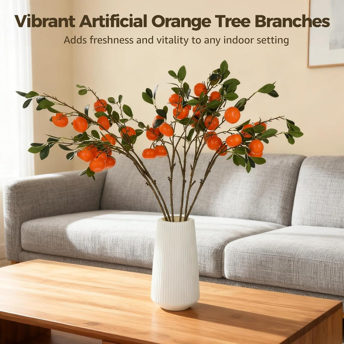 3 Pcs Artificial Orange Tree Branches, 36 in Fake Orange Fruit Stems with Leaves, Faux Orange Plant Twig Picks for Home Decor, Office, Wedding, Table Centerpiece, Window Display