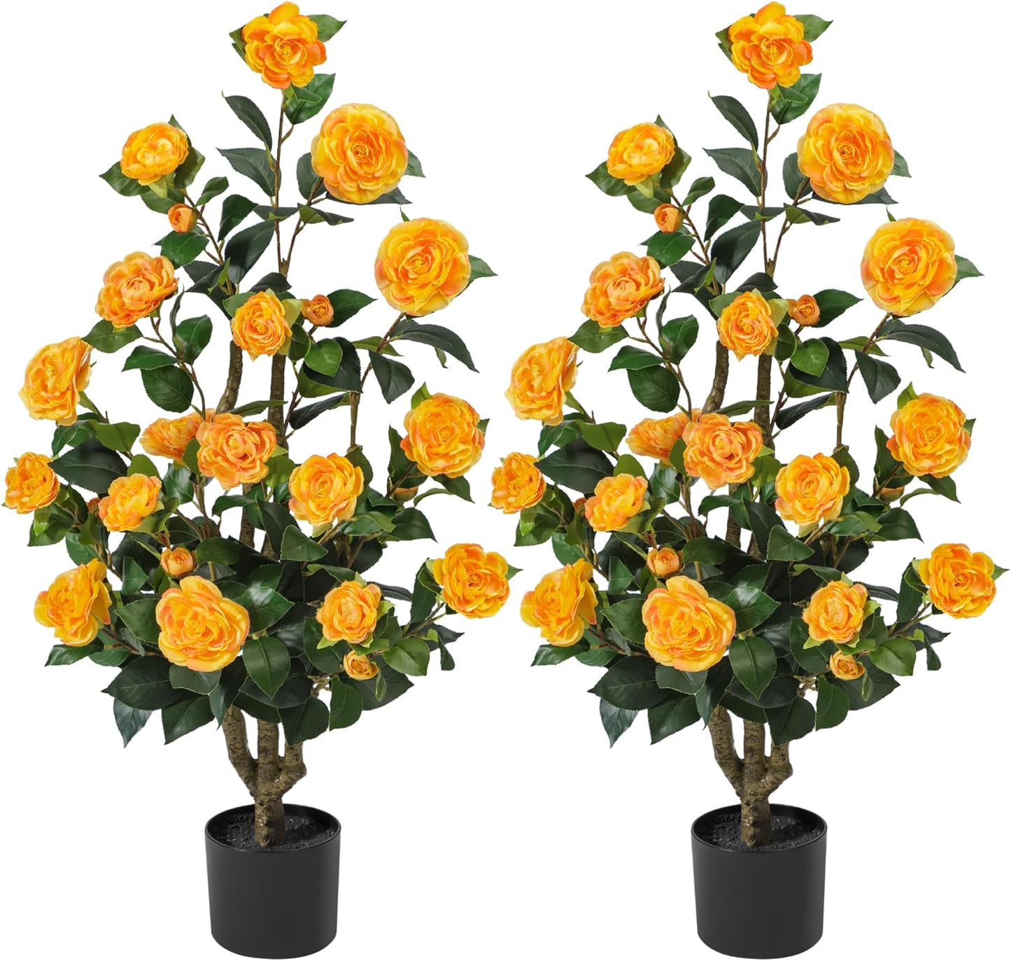 Artificial Camellia Tree 3.3 FT 2 Pack, Christmas Decor Fake Camellia Plant with Blooming Flowers&Natural Wood Trunk, Greenery Faux Potted Plant for Home Office Winter Indoor (Orange, 3.3FT)