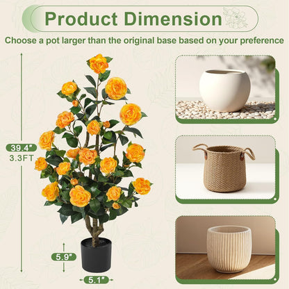Artificial Camellia Tree 3.3 FT 2 Pack, Christmas Decor Fake Camellia Plant with Blooming Flowers&Natural Wood Trunk, Greenery Faux Potted Plant for Home Office Winter Indoor (Orange, 3.3FT)