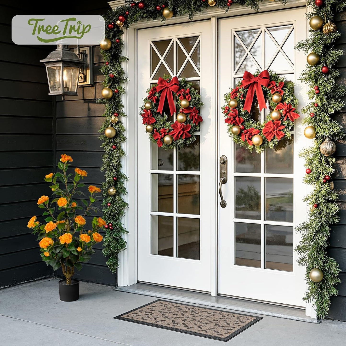 Artificial Camellia Tree 3.3 FT 2 Pack, Christmas Decor Fake Camellia Plant with Blooming Flowers&Natural Wood Trunk, Greenery Faux Potted Plant for Home Office Winter Indoor (Orange, 3.3FT)