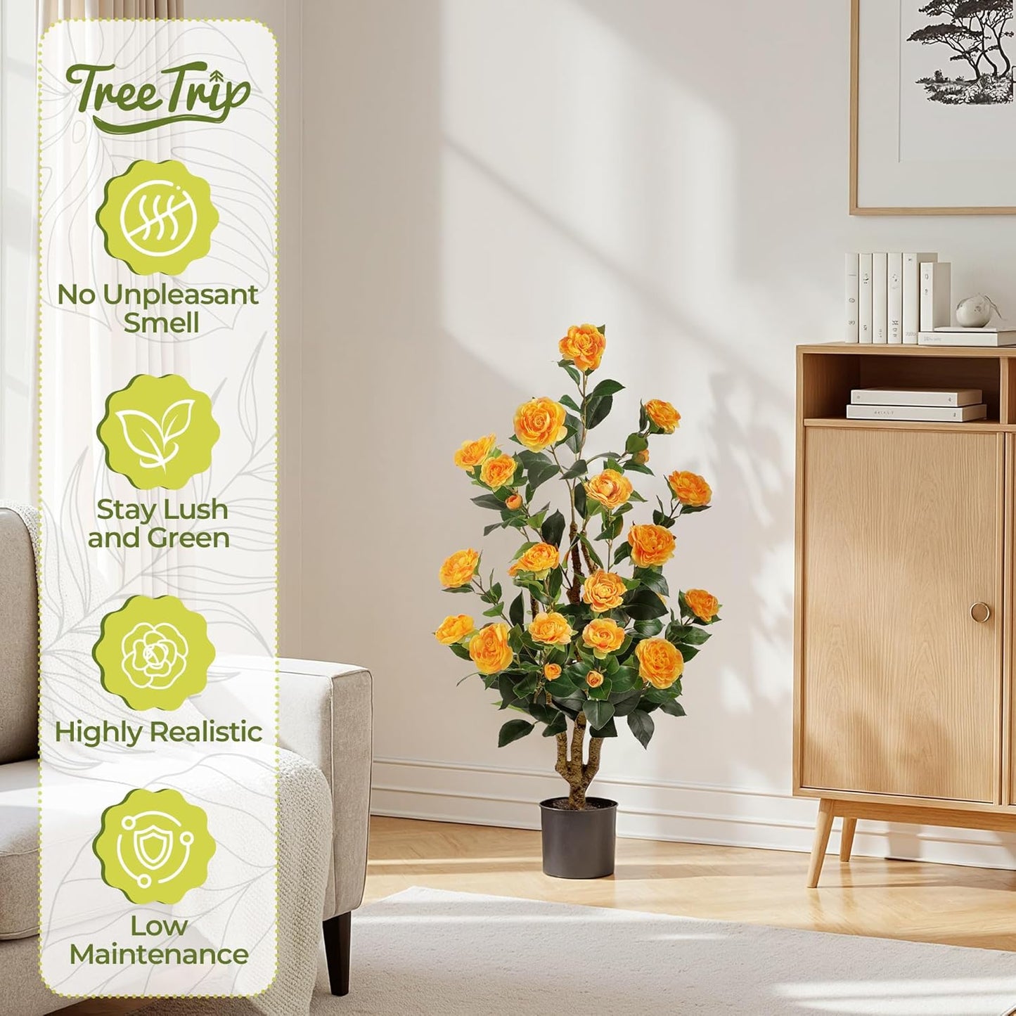 Artificial Camellia Tree 3.3 FT 2 Pack, Christmas Decor Fake Camellia Plant with Blooming Flowers&Natural Wood Trunk, Greenery Faux Potted Plant for Home Office Winter Indoor (Orange, 3.3FT)