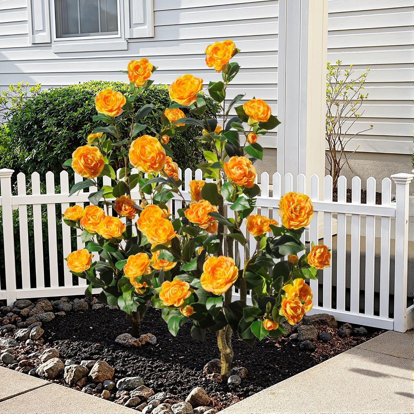 Artificial Camellia Tree 3.3 FT 2 Pack, Christmas Decor Fake Camellia Plant with Blooming Flowers&Natural Wood Trunk, Greenery Faux Potted Plant for Home Office Winter Indoor (Orange, 3.3FT)