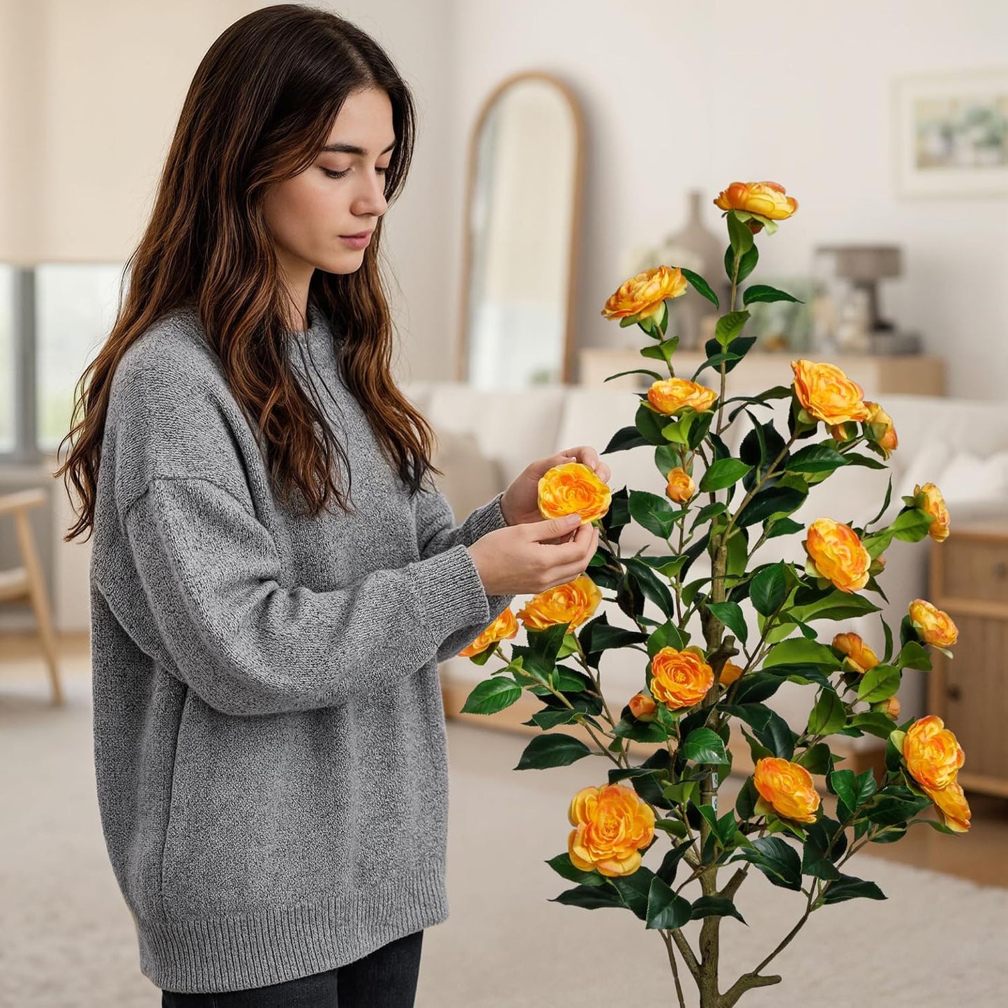Artificial Camellia Tree 3.3 FT 2 Pack, Christmas Decor Fake Camellia Plant with Blooming Flowers&Natural Wood Trunk, Greenery Faux Potted Plant for Home Office Winter Indoor (Orange, 3.3FT)