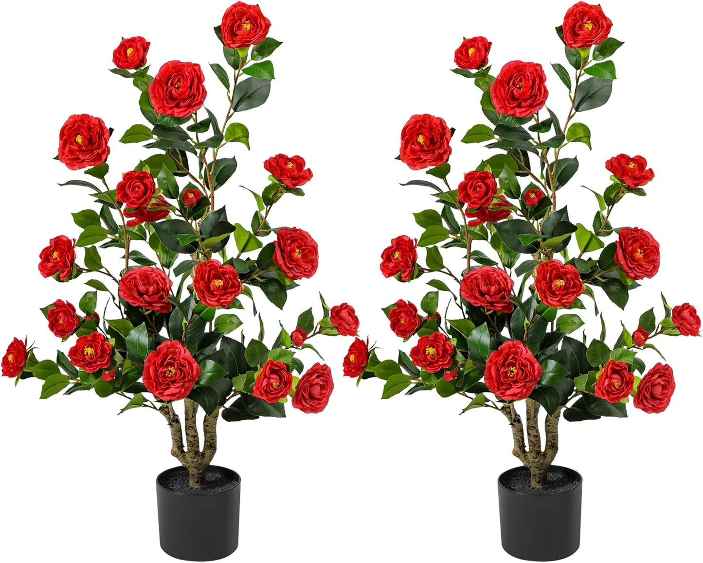Artificial Camellia Tree 3.3 FT 2 Pack, Christmas Decor Fake Camellia Plant with Blooming Flowers&Natural Wood Trunk, Greenery Faux Potted Plant for Home Office Winter Indoor (Orange, 3.3FT)