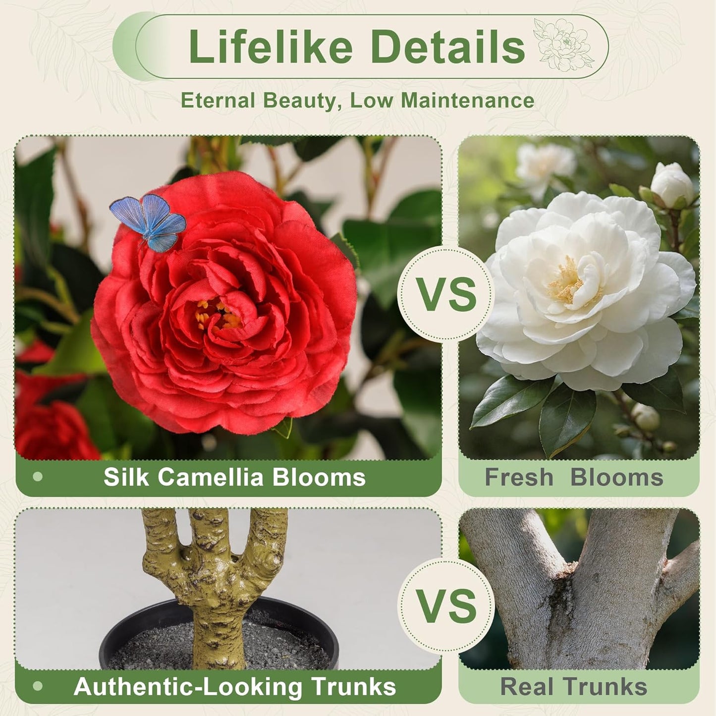Artificial Camellia Tree 3.3 FT 2 Pack, Christmas Decor Fake Camellia Plant with Blooming Flowers&Natural Wood Trunk, Greenery Faux Potted Plant for Home Office Winter Indoor (Orange, 3.3FT)