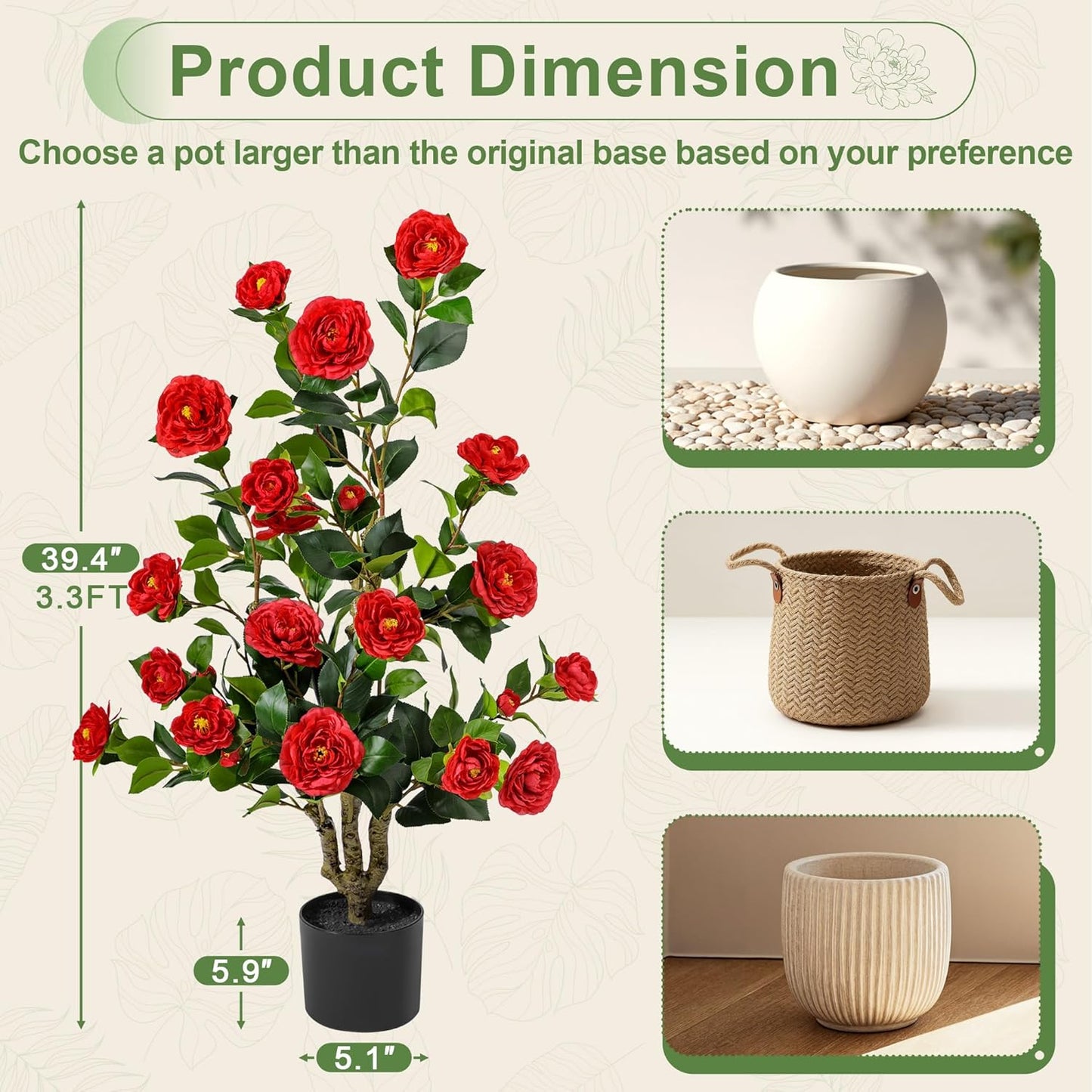 Artificial Camellia Tree 3.3 FT 2 Pack, Christmas Decor Fake Camellia Plant with Blooming Flowers&Natural Wood Trunk, Greenery Faux Potted Plant for Home Office Winter Indoor (Orange, 3.3FT)
