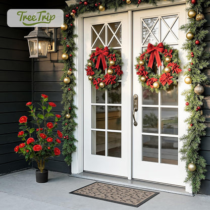 Artificial Camellia Tree 3.3 FT 2 Pack, Christmas Decor Fake Camellia Plant with Blooming Flowers&Natural Wood Trunk, Greenery Faux Potted Plant for Home Office Winter Indoor (Orange, 3.3FT)