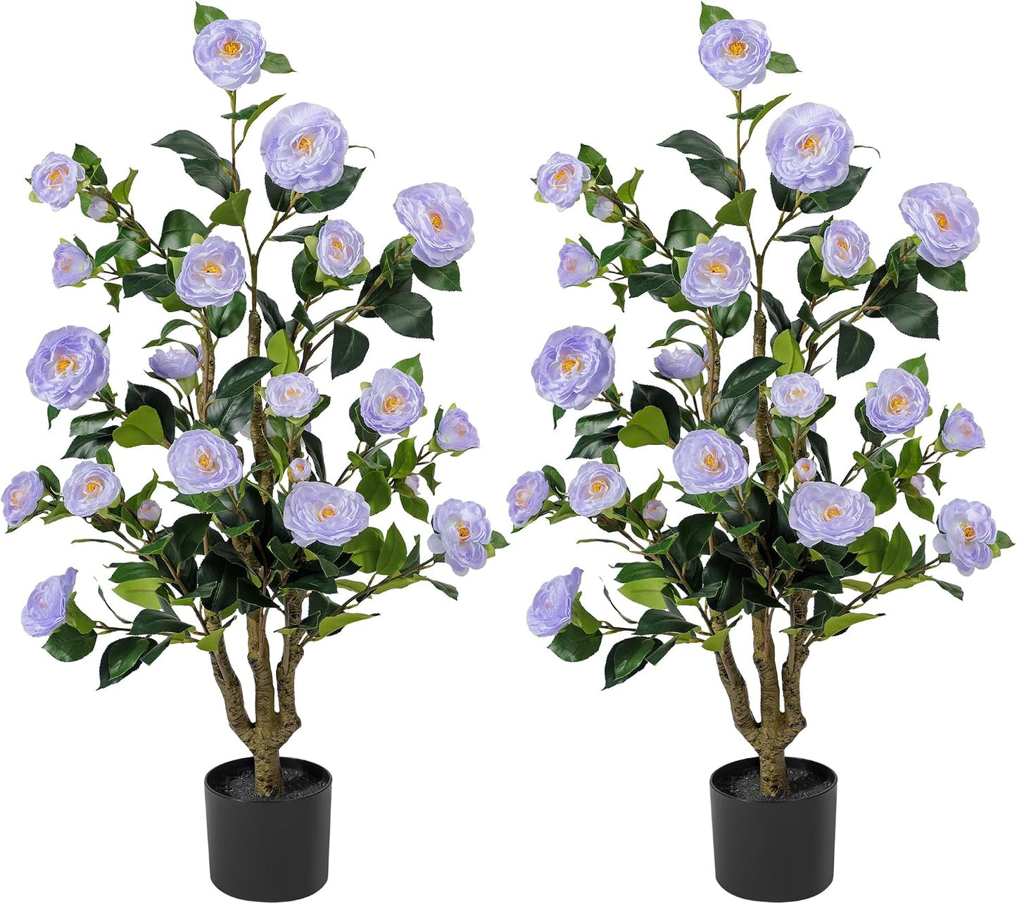 Artificial Camellia Tree 3.3 FT 2 Pack, Christmas Decor Fake Camellia Plant with Blooming Flowers&Natural Wood Trunk, Greenery Faux Potted Plant for Home Office Winter Indoor (Orange, 3.3FT)
