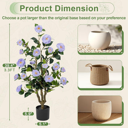 Artificial Camellia Tree 3.3 FT 2 Pack, Christmas Decor Fake Camellia Plant with Blooming Flowers&Natural Wood Trunk, Greenery Faux Potted Plant for Home Office Winter Indoor (Orange, 3.3FT)