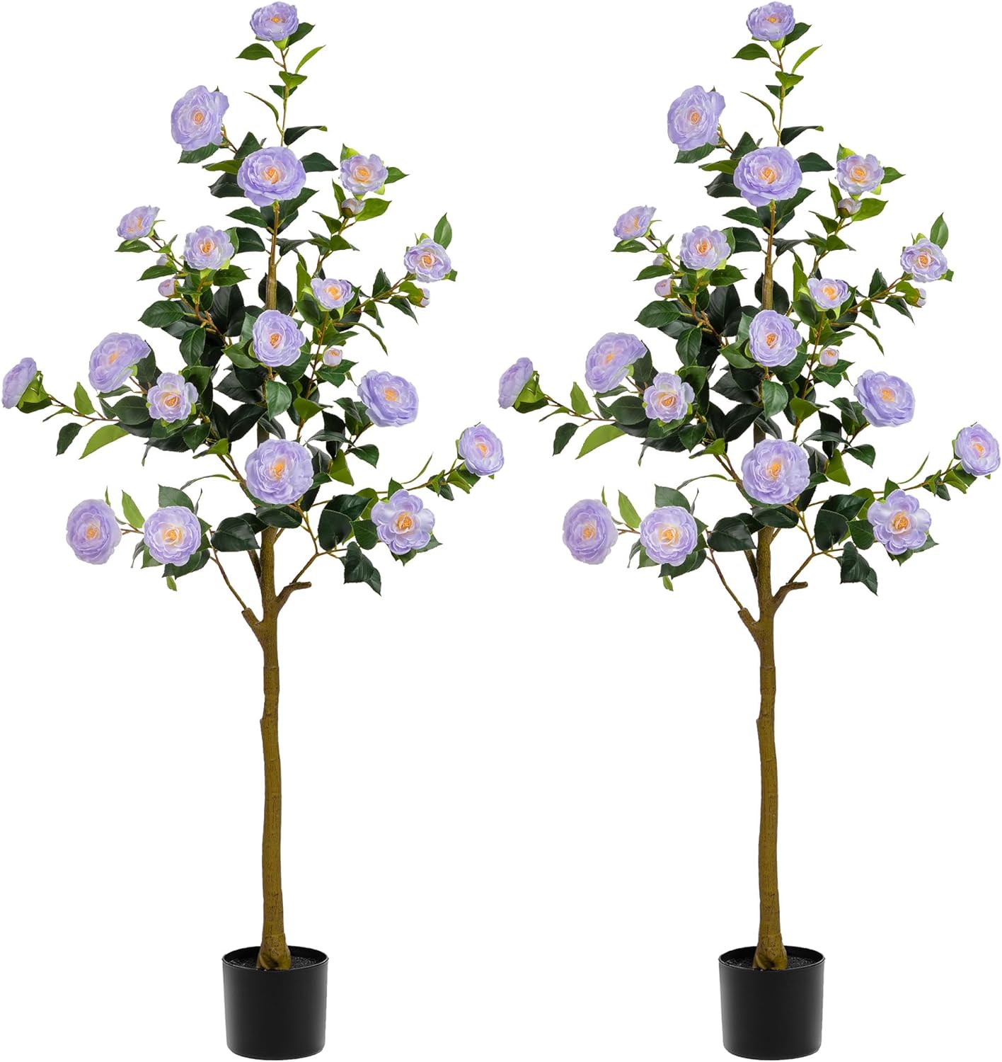Artificial Camellia Tree 3.3 FT 2 Pack, Christmas Decor Fake Camellia Plant with Blooming Flowers&Natural Wood Trunk, Greenery Faux Potted Plant for Home Office Winter Indoor (Orange, 3.3FT)