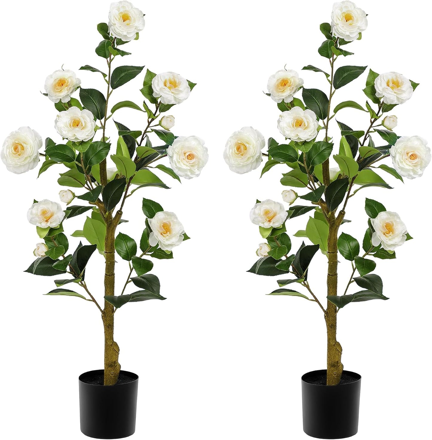 Artificial Camellia Tree 3.3 FT 2 Pack, Christmas Decor Fake Camellia Plant with Blooming Flowers&Natural Wood Trunk, Greenery Faux Potted Plant for Home Office Winter Indoor (Orange, 3.3FT)