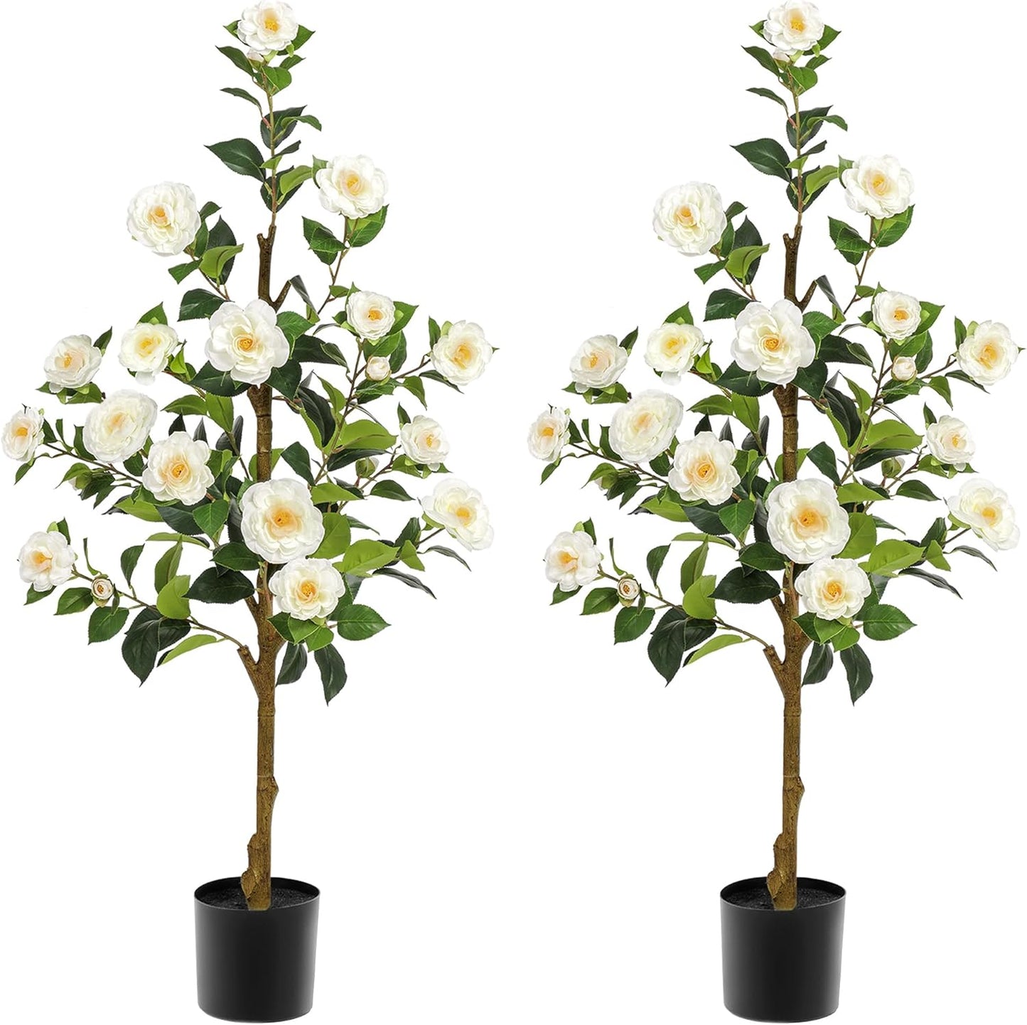 Artificial Camellia Tree 3.3 FT 2 Pack, Christmas Decor Fake Camellia Plant with Blooming Flowers&Natural Wood Trunk, Greenery Faux Potted Plant for Home Office Winter Indoor (Orange, 3.3FT)
