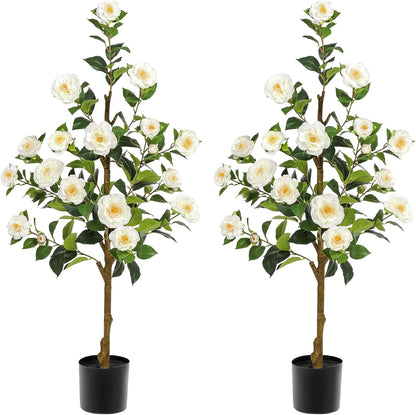 Artificial Camellia Tree 3.3 FT 2 Pack, Christmas Decor Fake Camellia Plant with Blooming Flowers&Natural Wood Trunk, Greenery Faux Potted Plant for Home Office Winter Indoor (Orange, 3.3FT)