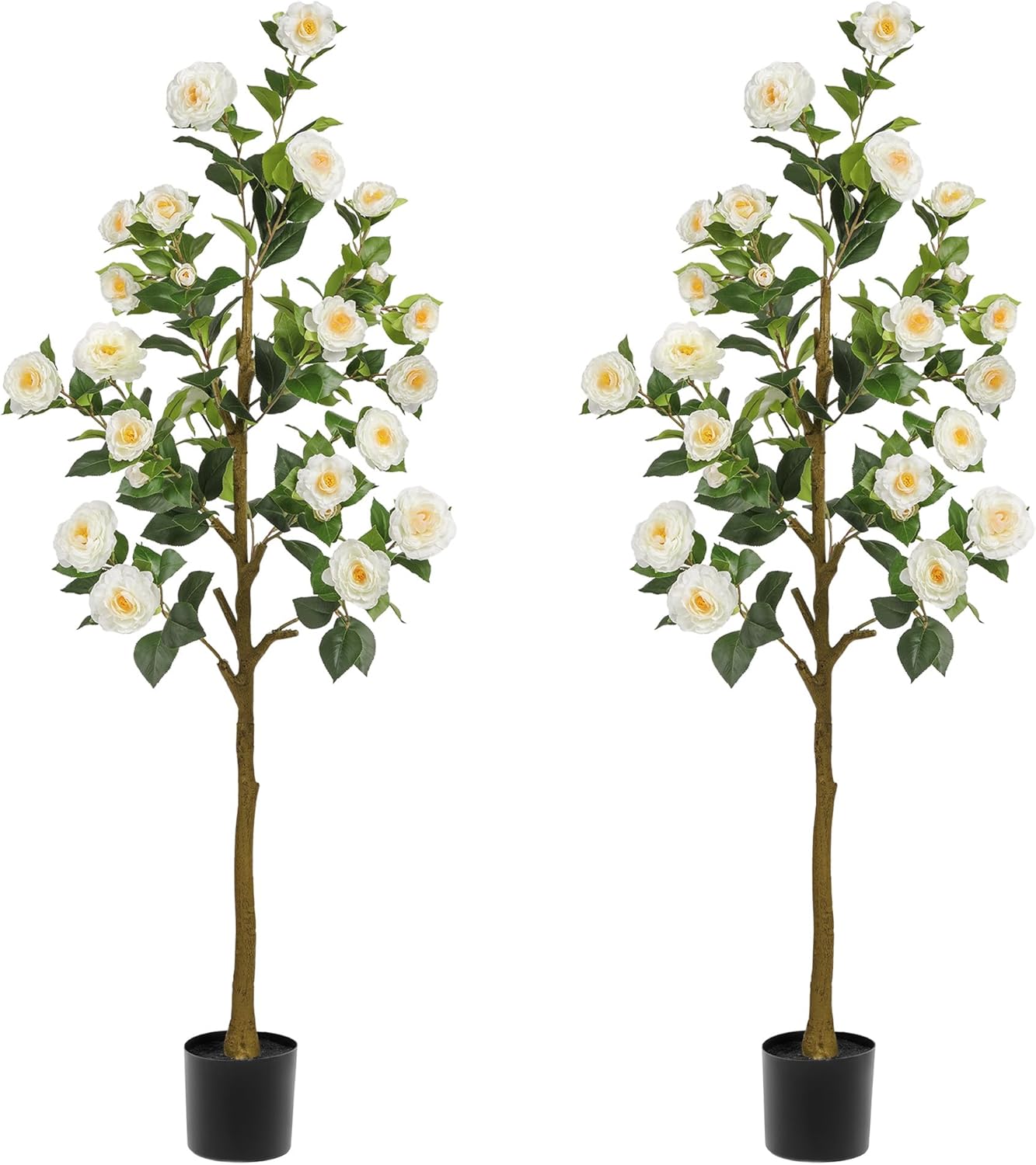 Artificial Camellia Tree 3.3 FT 2 Pack, Christmas Decor Fake Camellia Plant with Blooming Flowers&Natural Wood Trunk, Greenery Faux Potted Plant for Home Office Winter Indoor (Orange, 3.3FT)