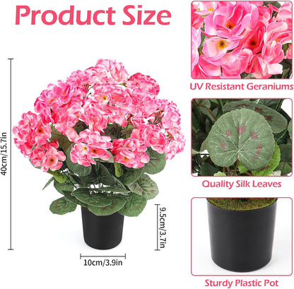 2Pcs Geranium Potted Artificial Flowers in Pots, Faux Outdoor Plants Realistic Geranium, Decorative Fake Potted Plants for Patio Garden Home Decoration, UV Resistant Artificial Flowers 16"Tall (Pink)
