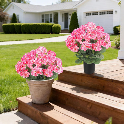 2Pcs Geranium Potted Artificial Flowers in Pots, Faux Outdoor Plants Realistic Geranium, Decorative Fake Potted Plants for Patio Garden Home Decoration, UV Resistant Artificial Flowers 16"Tall (Pink)
