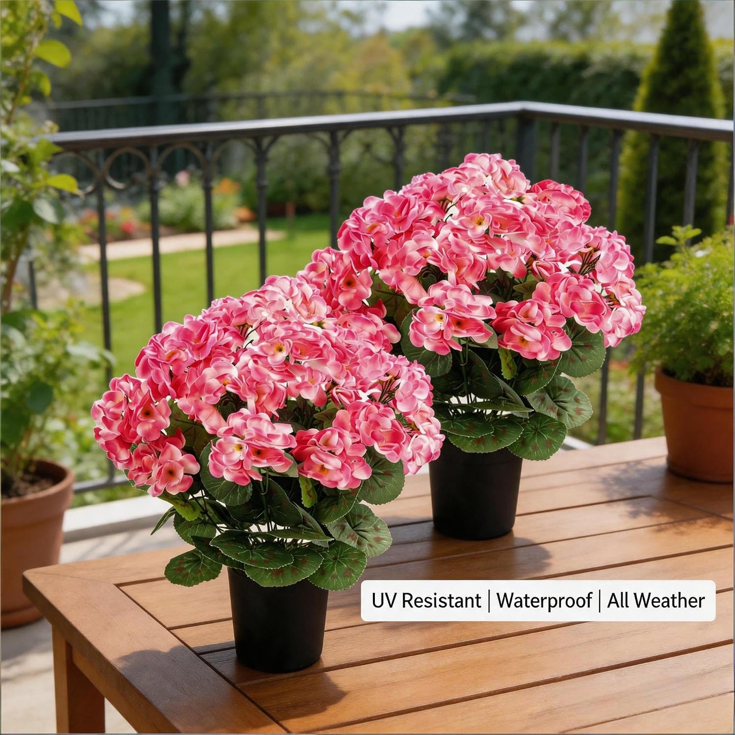 2Pcs Geranium Potted Artificial Flowers in Pots, Faux Outdoor Plants Realistic Geranium, Decorative Fake Potted Plants for Patio Garden Home Decoration, UV Resistant Artificial Flowers 16"Tall (Pink)