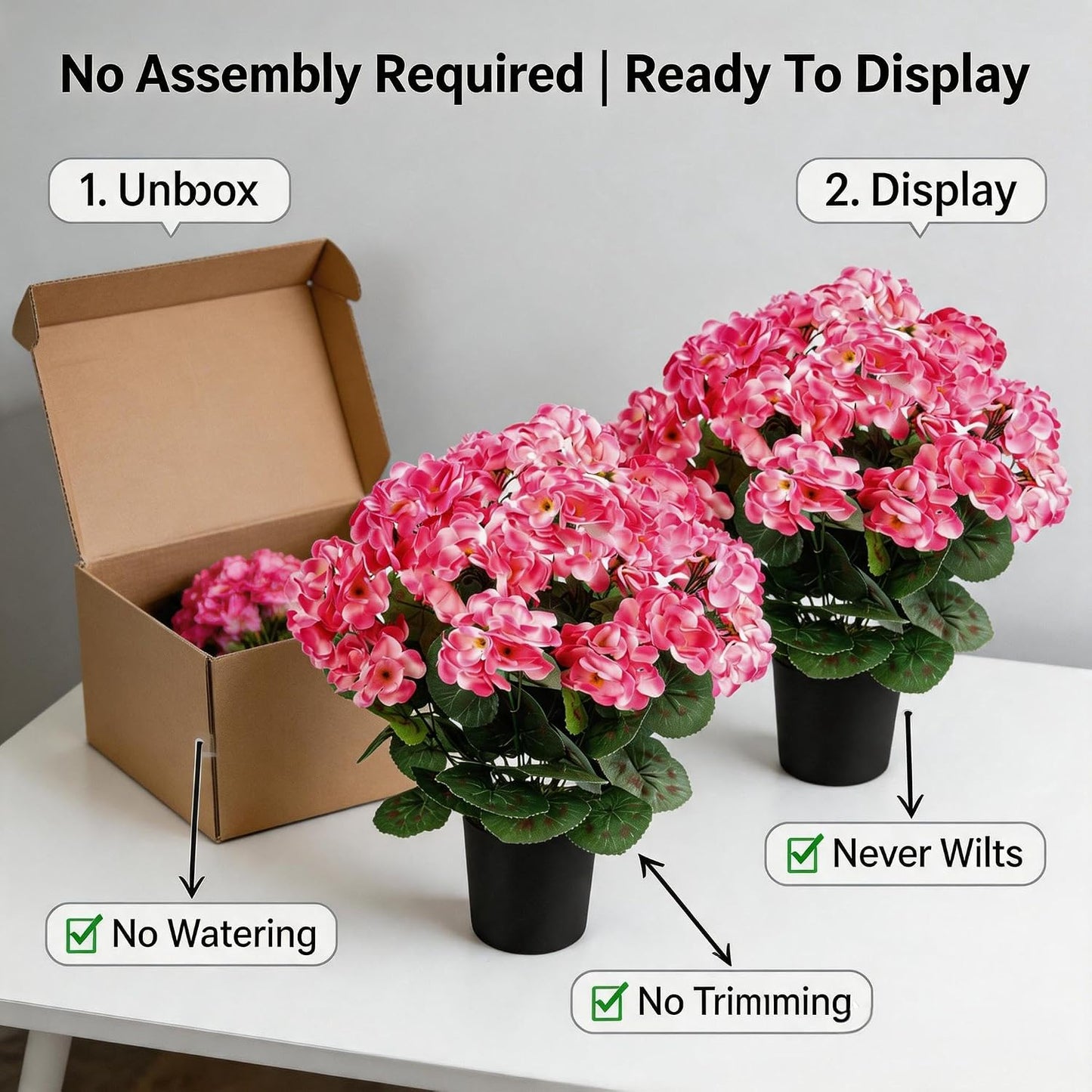 2Pcs Geranium Potted Artificial Flowers in Pots, Faux Outdoor Plants Realistic Geranium, Decorative Fake Potted Plants for Patio Garden Home Decoration, UV Resistant Artificial Flowers 16"Tall (Pink)