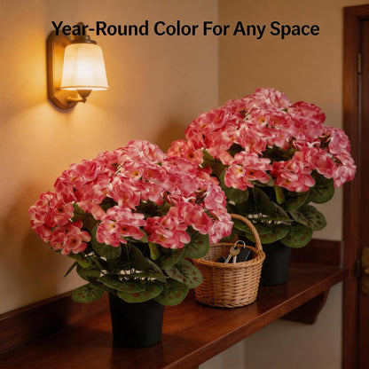 2Pcs Geranium Potted Artificial Flowers in Pots, Faux Outdoor Plants Realistic Geranium, Decorative Fake Potted Plants for Patio Garden Home Decoration, UV Resistant Artificial Flowers 16"Tall (Pink)